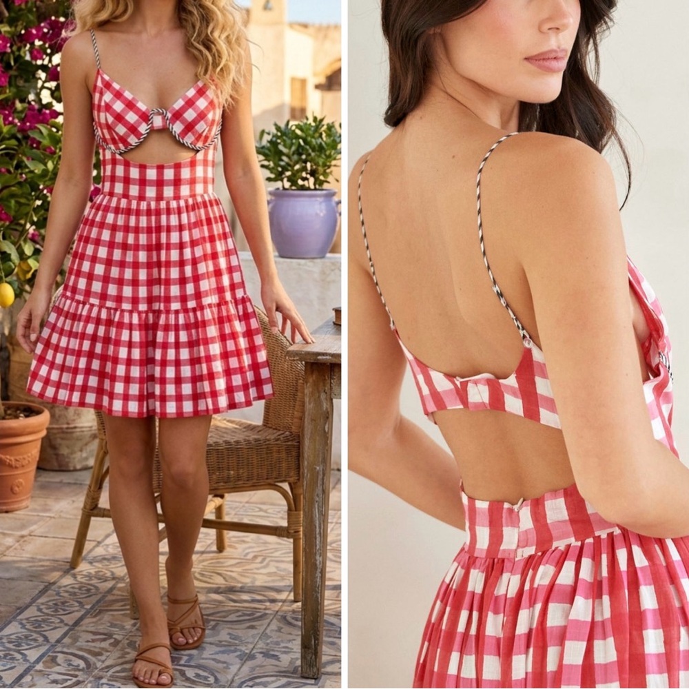 Mo Maya Runa Check Print V- Neckline Sleeveless Mini Dress NWT